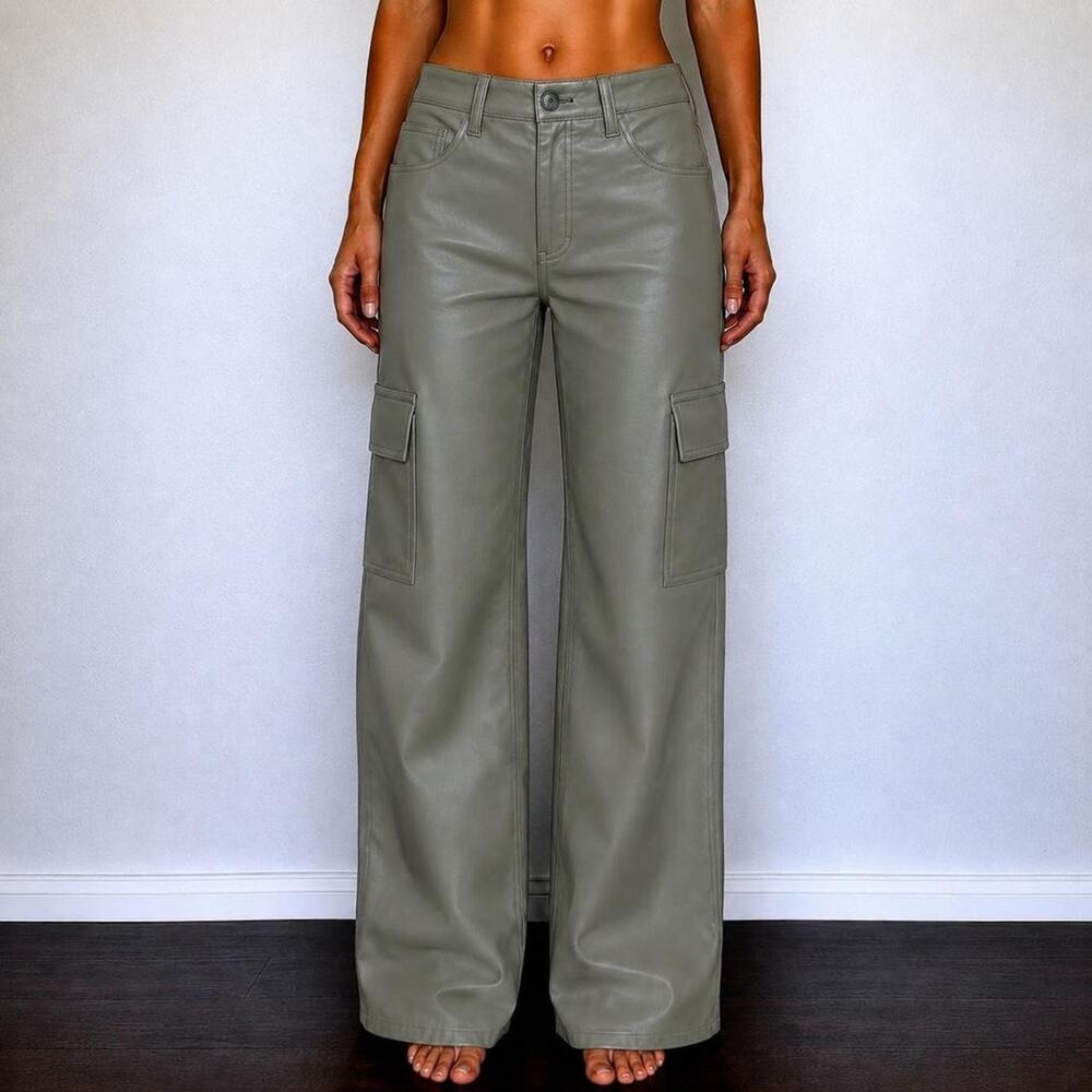 Abercrombie Vegan Leather Cargo Pants Sage Green High Rise Relaxed Straight Sz 8